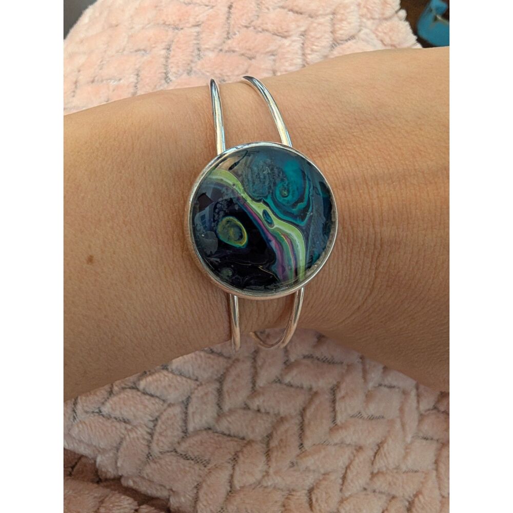 Silver Fluid Art Cuff Bracelet - Blue Green Acrylic Paint Pour Cabochon